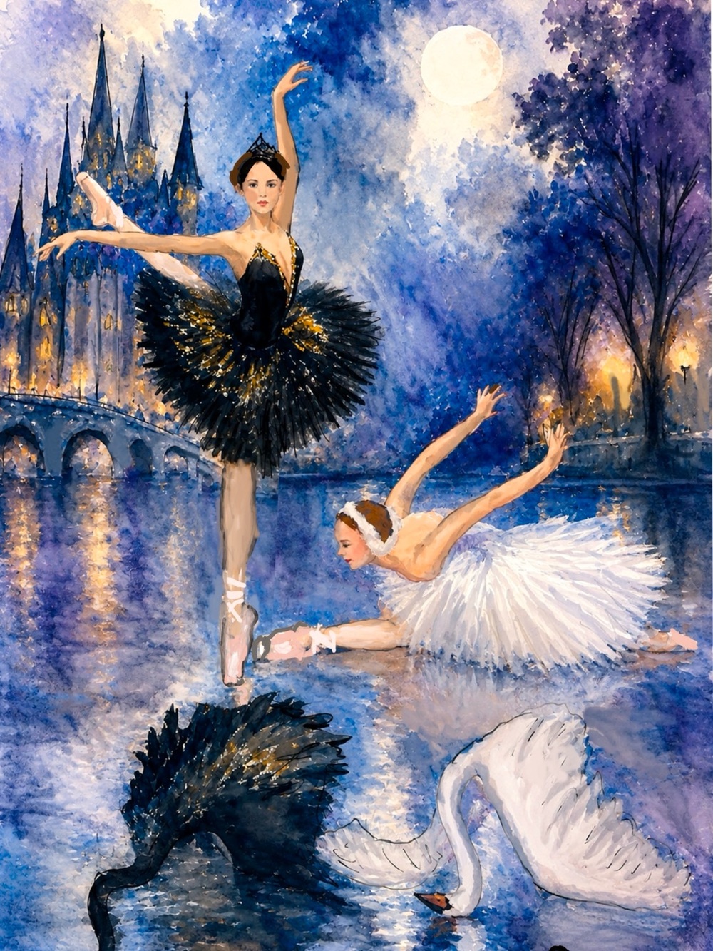 Swan Lake , black and white swans, water color painting